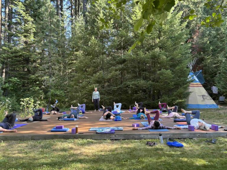 creekside yoga in the forest at a women's yoga retreat in Oregon